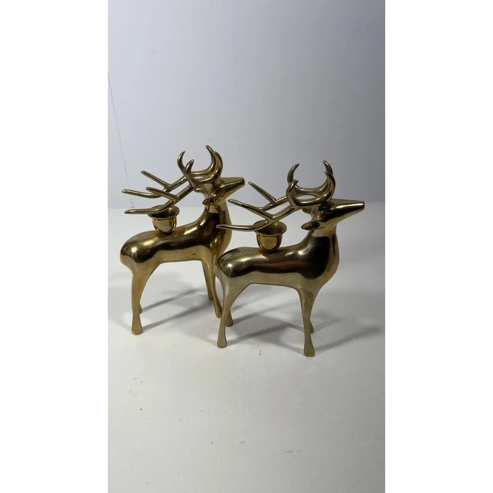 Pottery Barn Set Of 2 Reindeer Taper Candleholders Polished Brass 7